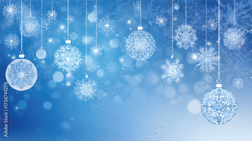 A festive winter scene featuring blue and white Christmas ornaments with intricate snowflake designs, suspended against a soft blue background with sparkling stars and snowflakes