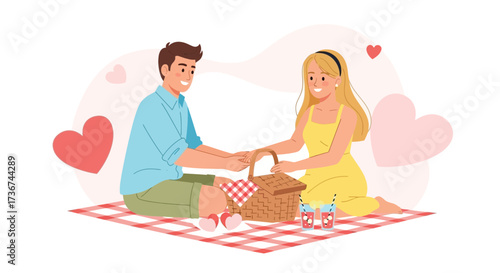 Romantic Outing: A Couple Enjoying a Picnic with Hearts and Affectionate Moments