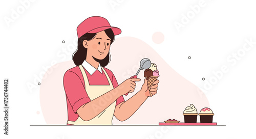 Smiling Woman Prepares Delicious Ice Cream Cones With Various Flavors Serving Happy Customers