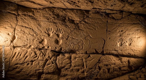 Explore ancient cave art with stunning handprints and animal figures etched in stone, revealing prehistoric life and artistic expression from long ago