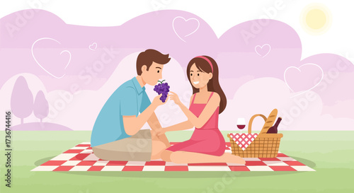 Romantic Picnic On A Summer Day With Couple Eating Grapes and Love in The Air