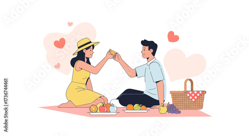 Romantic Picnic Scene Of A Couple Celebrating With Fruits And Heart Shaped Symbols