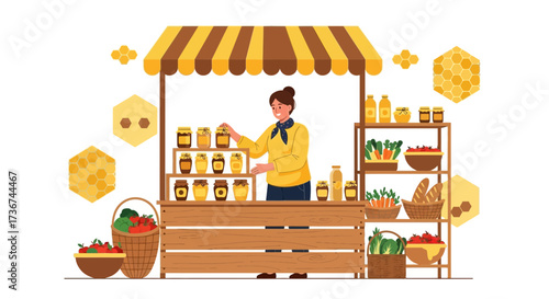 Smiling Woman Selling Fresh Produce and Honey at a Farmers Market Stall