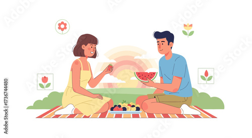 Romantic Summer Picnic Shared Between Two, Joyful Moment, Delightful Food and Happiness