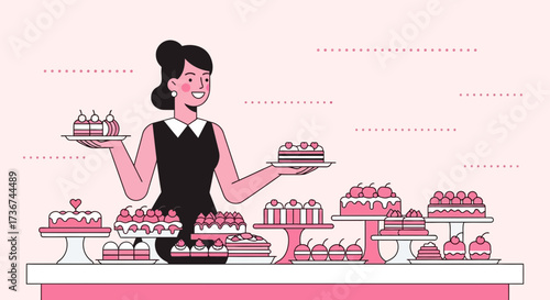 Smiling Woman Serving Cakes Representing Bakery Shop with Delightful Confections