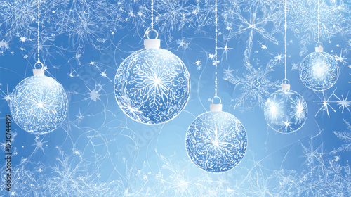 A festive winter scene featuring blue and white Christmas ornaments with intricate snowflake designs, suspended against a soft blue background with sparkling stars and snowflakes