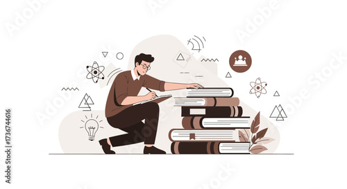 Scholar Examining Books Concept Illustration Suitable for Education and Learning Designs