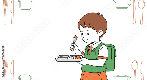 School Cafeteria Scene: Young Student Eating Lunch, Ready For Nutritious Meal