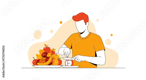 Man Slicing Fresh Apple Amongst Various Fruits, Illustrated in a Modern Style
