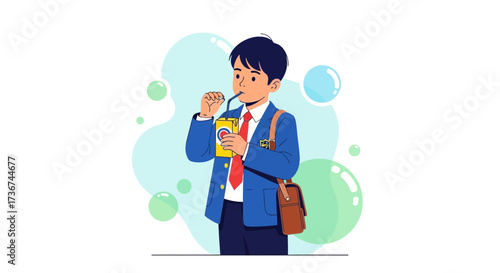 Schoolboy Sipping Juice While Ready For School, Student Enjoying Drink In The Class, Smiling