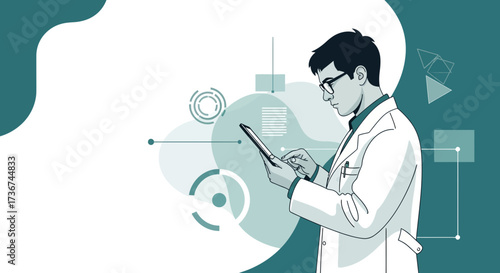 Scientist Analyzing Data Using Tablet Device, Tech Focused, Clean Design, Research Concept