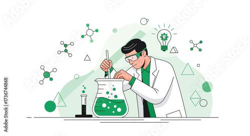 Scientist Conducting Laboratory Experiment With Green Chemicals and Molecular Structures
