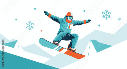Snowboarder jumping in the air illustrated in a line art graphic design
