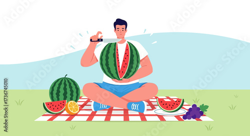 Man Slicing Open Fresh Juicy Watermelon During a Relaxing Picnic Outdoors