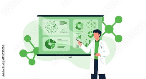 Scientist Presenting Data Analysis Graphic, Science Illustration, Vector with Modern Flat Design