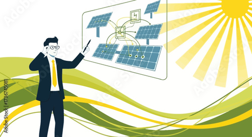 Solar energy presentation with businessman discussing renewable electricity generation and innovation