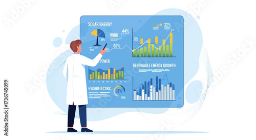 Scientist presenting information about renewable energy sources and future power statistics analysis