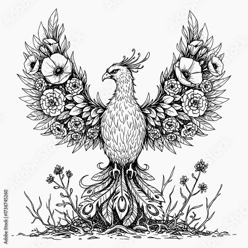 Phoenix Bird with Floral Wings in Black and White Sketch Style - Vector Illustration for Design and Print