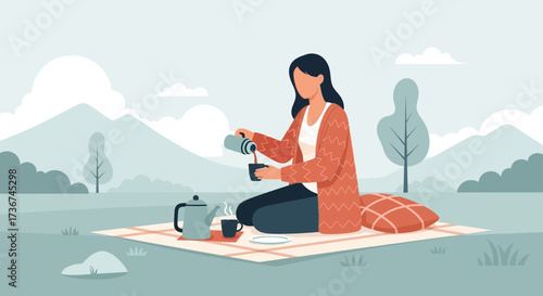 Serene Afternoon Tea Picnic: Woman's Tranquil Moment Amidst Nature's Scenery
