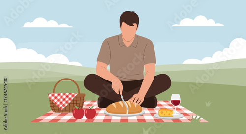 Serene Picnic Scene: Man Slicing Bread Amidst Nature, Sharing Pleasant Moments