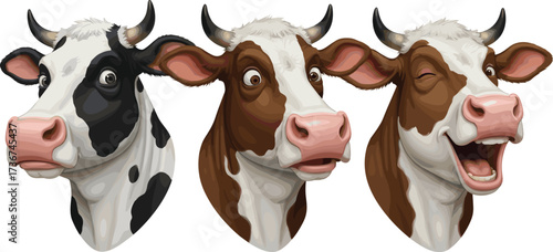 Funny cartoon cow faces, dairy farm animal heads with different expressions, cute and humorous cattle illustration, livestock vector design for children