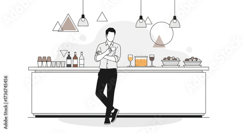 Sophisticated Minimalist Illustration of Man Enjoying a Beverage at a Modern Establishment