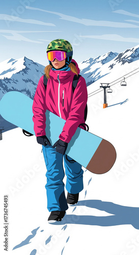 Illustration of a woman with a snowboard in the mountains