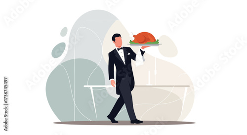 Sophisticated Server Carries Roasted Poultry on a Silver Platter for Elegant Celebration