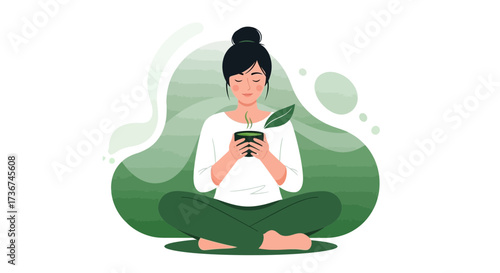 Serene Woman Relaxes, Embracing Tea And Tranquility, Amidst Artistic Green Undertones