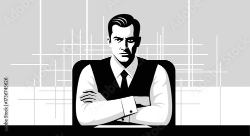 Serious businessman sitting behind a desk with arms crossed vector illustration