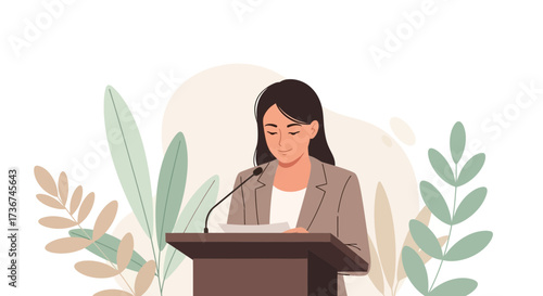 Speaker Delivering Information At A Podium, Animated Portrait With Decorative Foliage Elements