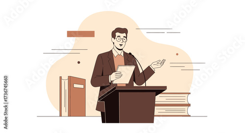 Speaker Delivering Speech At A Podium, Representing Knowledge And Education Topics
