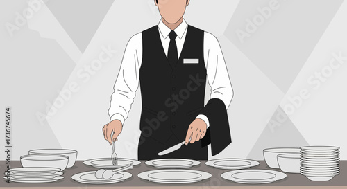 Server Precisely Arranging Table Setting Accessories and Utensils Ready for Service