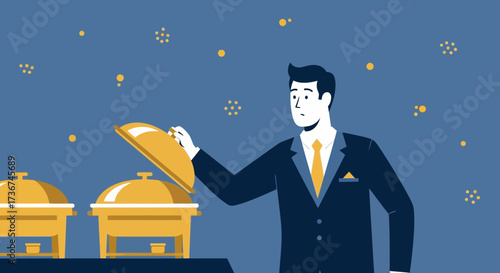 Server Demonstrates Catering Buffet Setup for Event Against The Blue Atmosphere