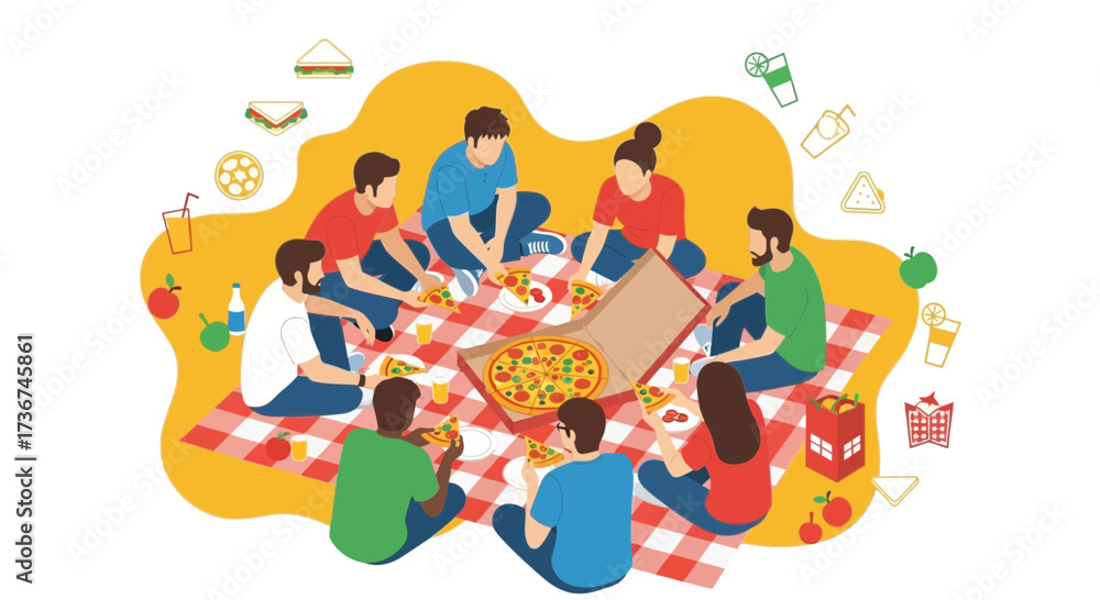 Fototapeta premium Sharing Pizza Outdoors: Friends Gather, Enjoy Food, and Bond on Vibrant Picnic Blanket