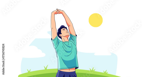 Man stretching outdoors in nature, enjoying the sunny day and taking a deep breath