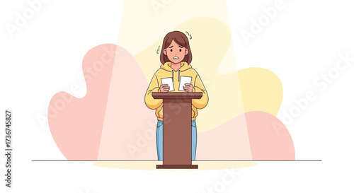 Speechless And Anxious Presenter Holding Paper, Facing Stage Hesitantly, Scared And Nervous
