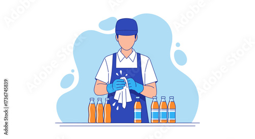 Staff Member Cleaning and Preparing Juice Bottles in a Modern Beverage Illustration
