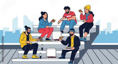 Sharing Pizza With Friends On Rooftop, Simple And Fun Outdoor Gathering Scene