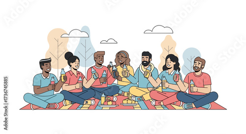 Sharing Refreshments And Forming Bonds: A Picnic Setting of Friends Enjoying Beverages