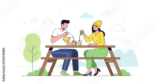 Sharing Refreshments: A Couple Enjoying Drinks At A Park Table In The Outdoors