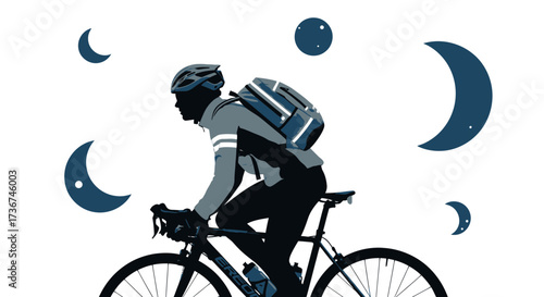 Silhouette of a cyclist riding at night with crescent moons and dots in the sky