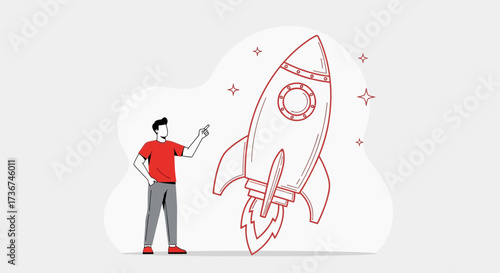 Startup Idea Illustration: A Businessman Pointing Towards Space Rocket For Success And Growth