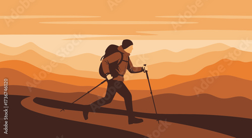 Silhouette of a Person Hiking with Trekking Poles in a Mountain Landscape