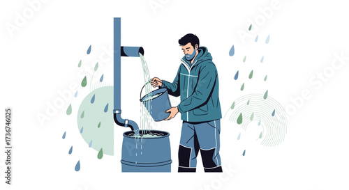 Man collecting rainwater in a barrel using a gutter system with simple illustration