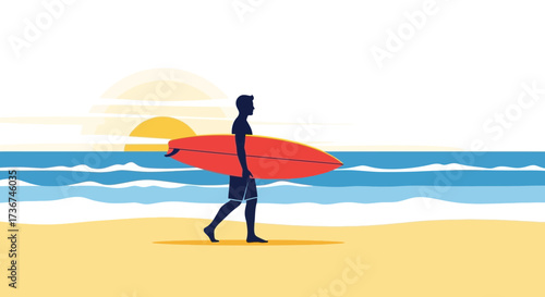 Silhouette surfer walking on the beach carrying his surfboard at sunset near the ocean