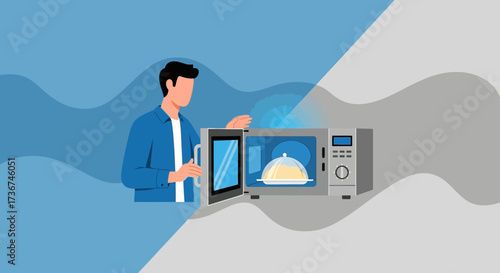 Simple Graphic Of A Man Using A Microwave To Heat Prepared Food For Consumption