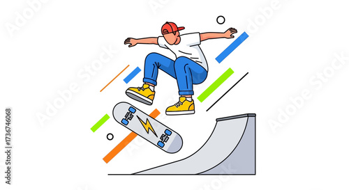 Skateboarder Performing a Trick on a Ramp in a Colorful Vector Illustration