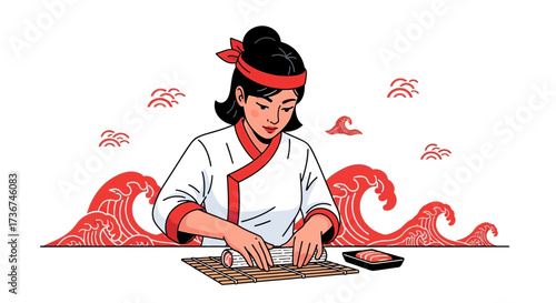Skilled Chef Crafting Intricate Japanese Sushi Rolls With Artistic Wave Decorations