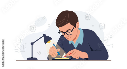 Skilled Technician Working On Electronic Device With Modern Soldering Tools Illustration
